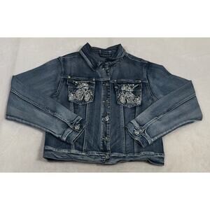Platinum Plush Motorcycle Embroidered Rhinestone & Studded Denim Jacket Large